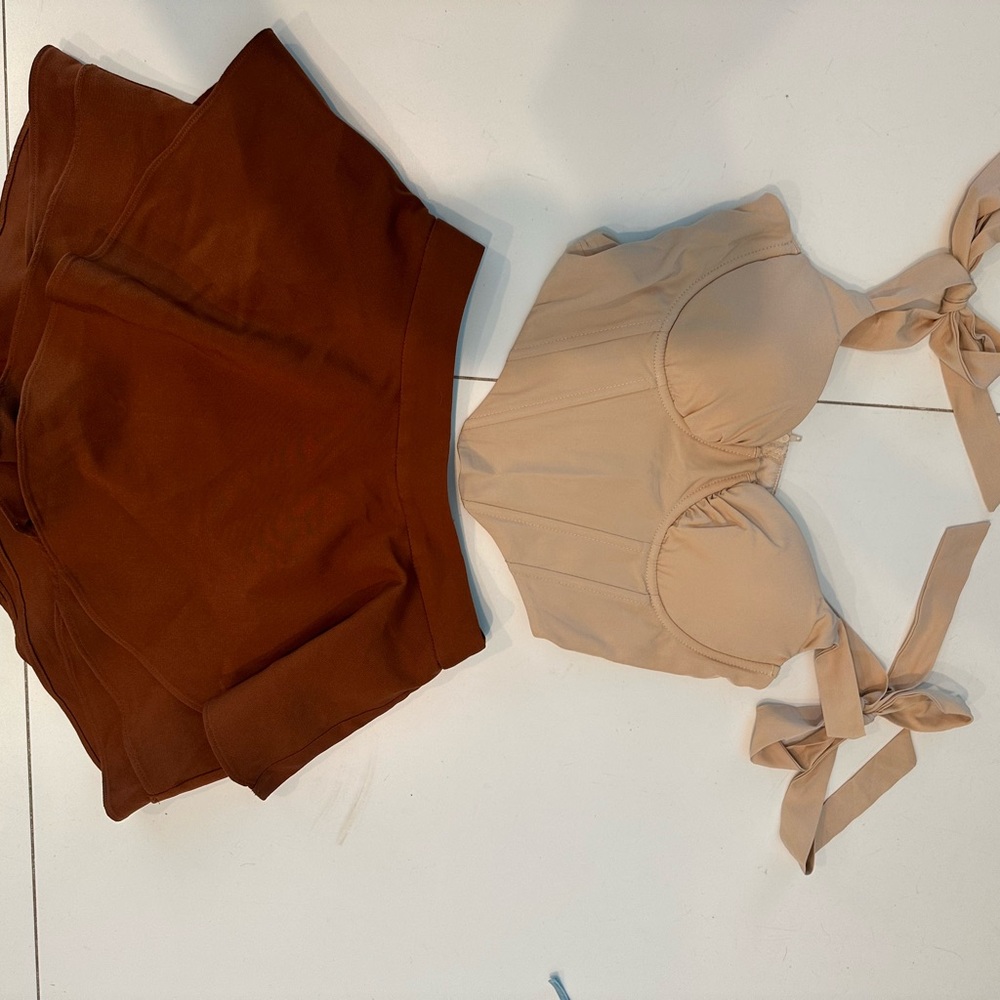 Tan corset top and copper skort